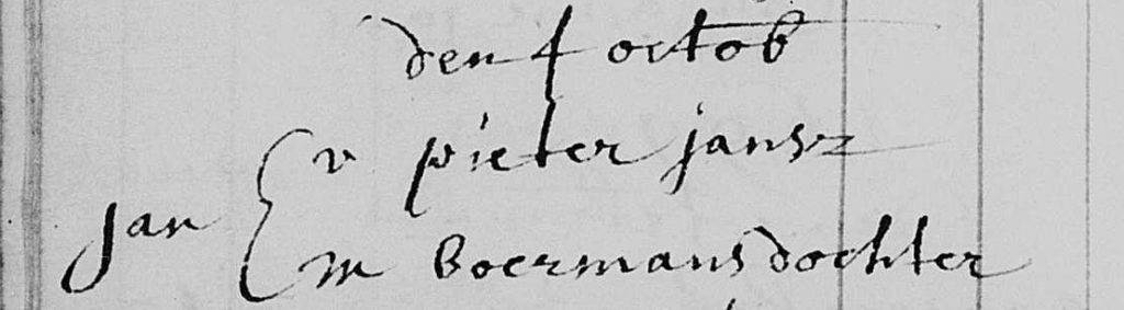 Doopinschrijving van Jan Pietersz Bakker in 1699.